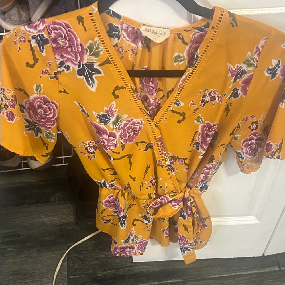 Chelsea & Violet Mustard Floral Wrap Blouse